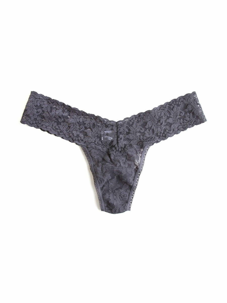 Granite Grey Signature Lace Low Rise Thong - Flat Lay Front Detail | Hanky Panky