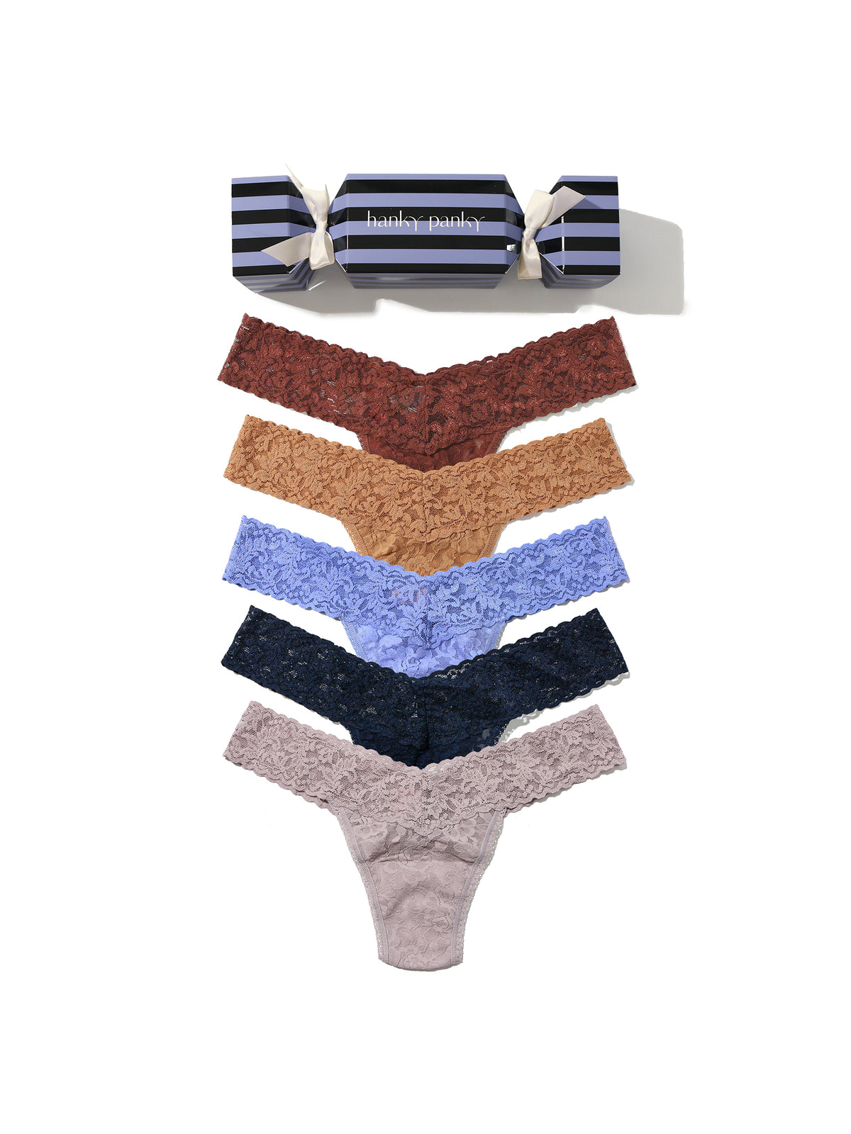 Signature Lace® Low Rise Thong Holiday 5-Pack Cracker - Flat Lay with Gift Cracker Box | Hanky Panky