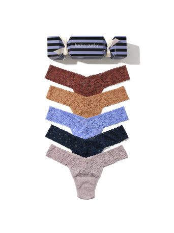 Signature Lace® Low Rise Thong Holiday 5-Pack Cracker - Flat Lay with Gift Cracker Box | Hanky Panky