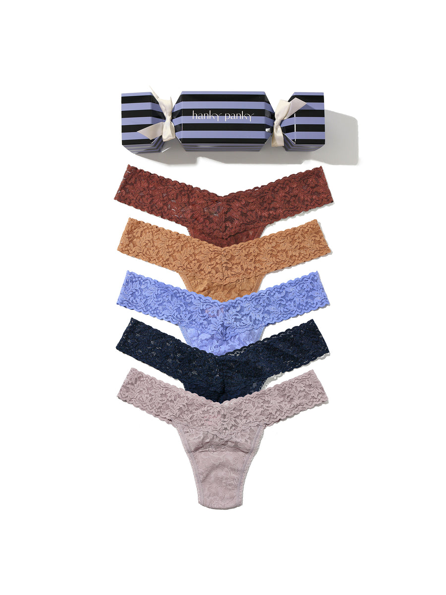 Signature Lace® Low Rise Thong Holiday 5-Pack Cracker - Flat Lay with Gift Cracker Box | Hanky Panky