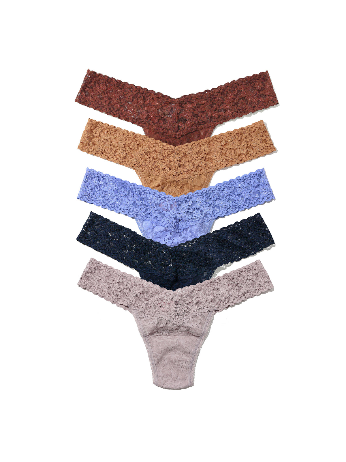 Signature Lace® Low Rise Thong 5-Pack - Allspice, Suntan, Blue, Navy & Steel Flat Lay | Hanky Panky