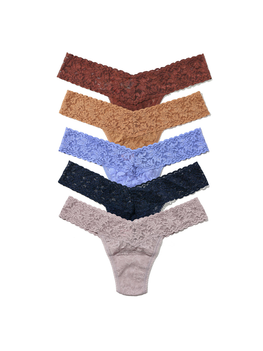 Signature Lace® Low Rise Thong 5-Pack - Allspice, Suntan, Blue, Navy & Steel Flat Lay | Hanky Panky