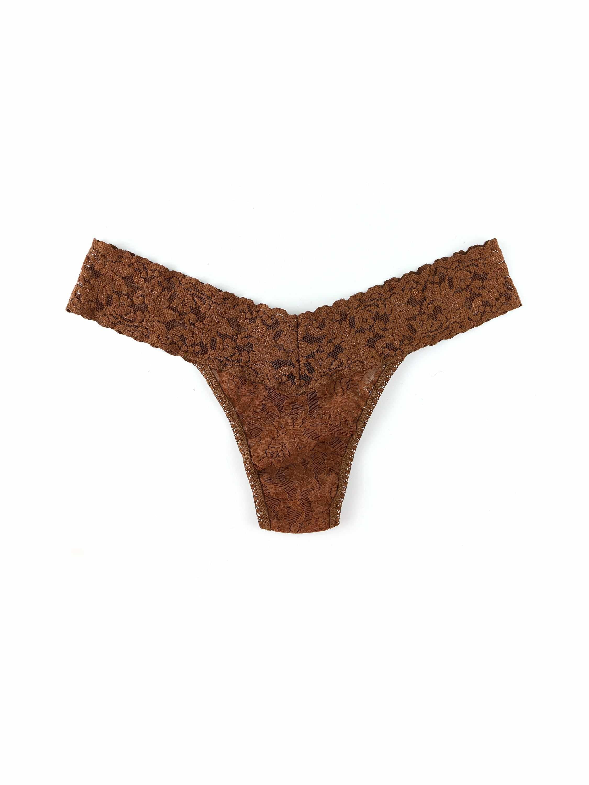 Macchiato Brown Signature Lace® Low Rise Thong - Flat Lay, Brown Lace Detail | Hanky Panky