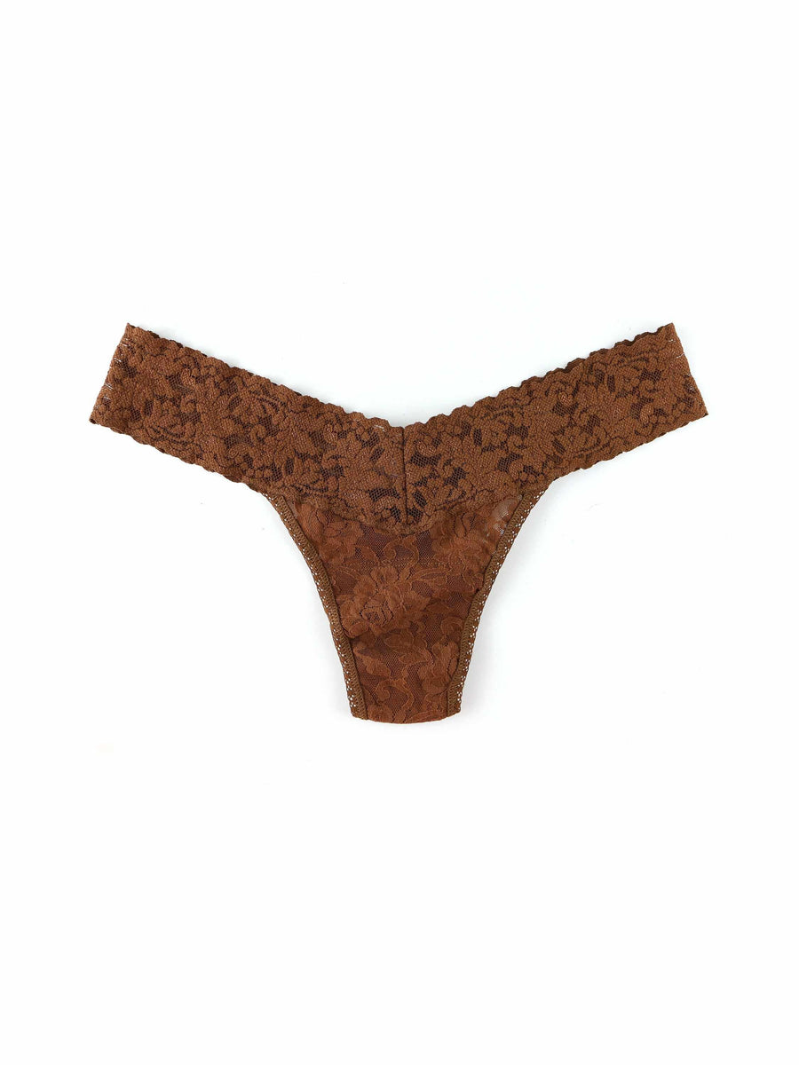 Macchiato Brown Signature Lace® Low Rise Thong - Flat Lay, Brown Lace Detail | Hanky Panky