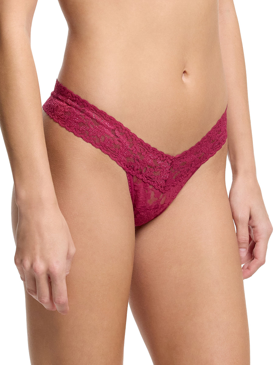 Merlot Red Signature Lace® Low Rise Thong - Front Side View On Model | Hanky Panky