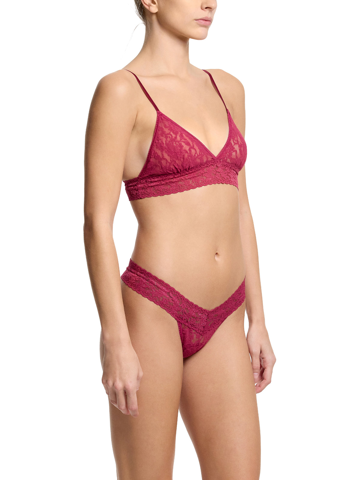 Merlot Red Signature Lace® Low Rise Thong with Matching Bralette - Side On Model | Hanky Panky