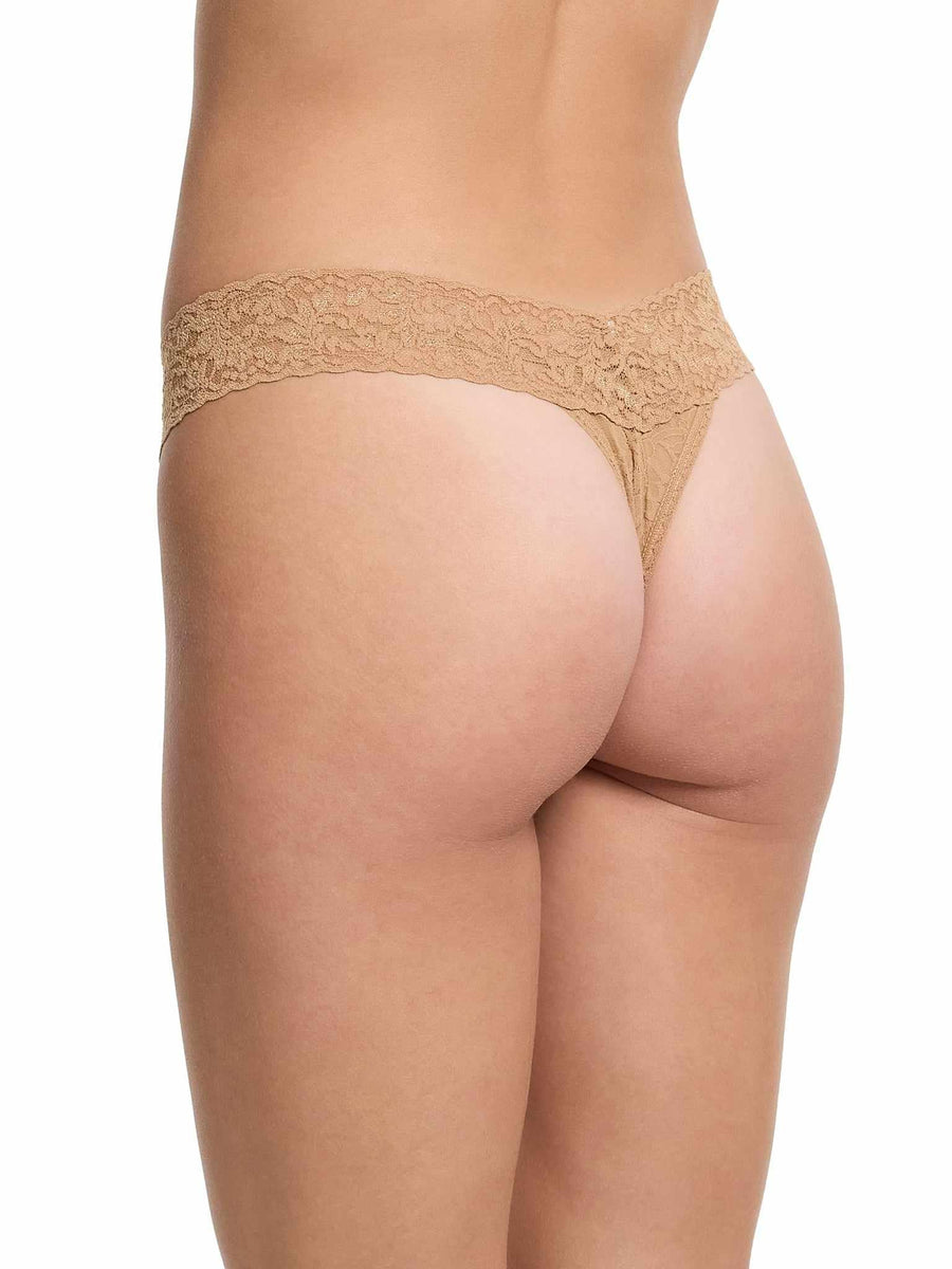Signature Lace® Low Rise Thong Sun Tan - Back Angle, Beige Lace Thong On Model | Hanky Panky