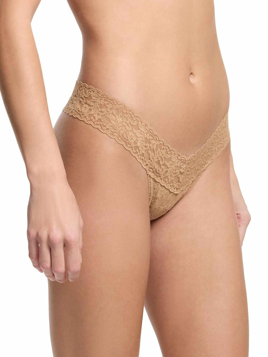 Signature Lace® Low Rise Thong Sun Tan - Side View, Tan Comfortable Lace Thong On Model | Hanky Panky