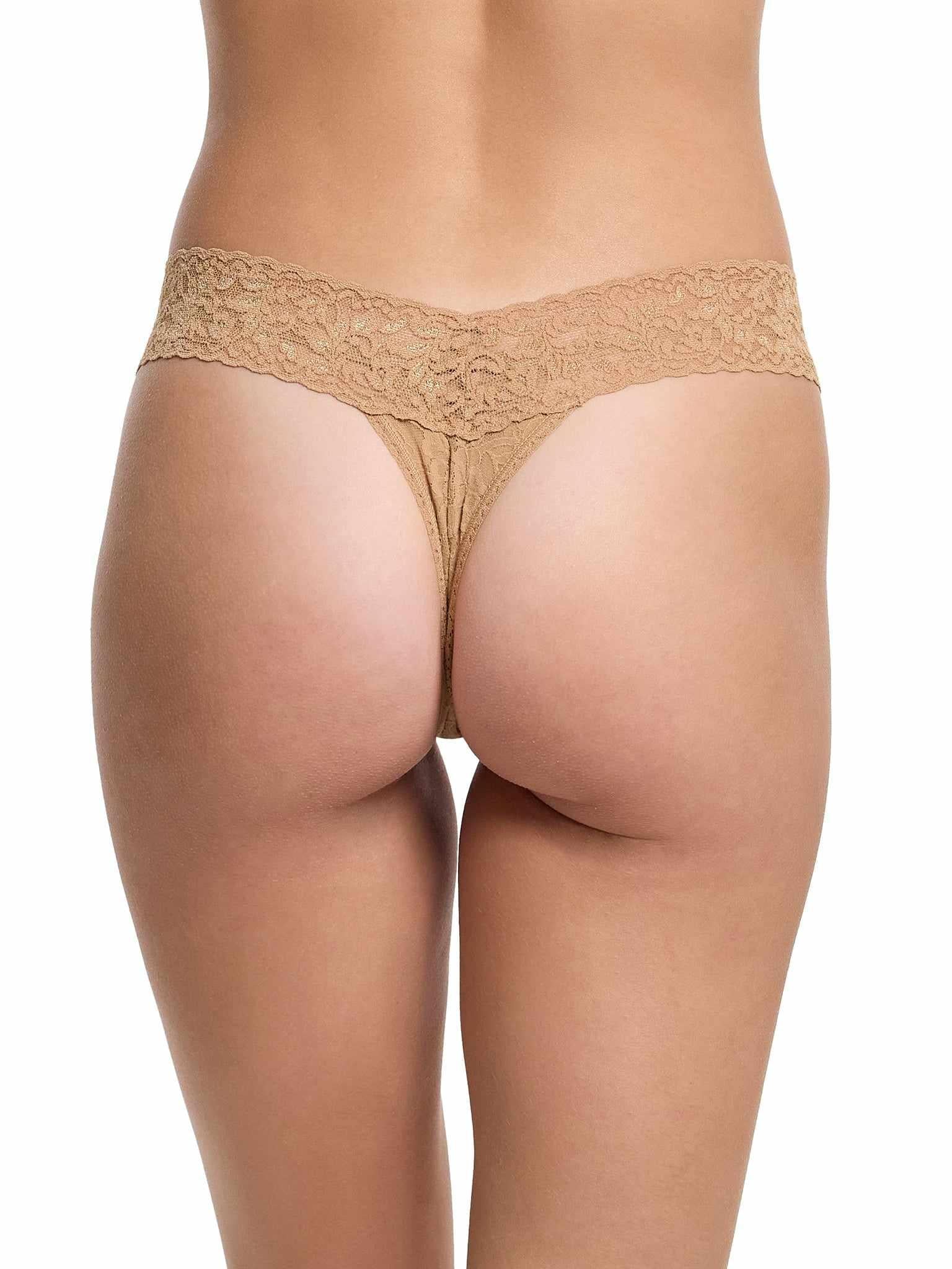 Signature Lace® Low Rise Thong Sun Tan - Back View On Model, Beige Tan Lace Thong | Hanky Panky