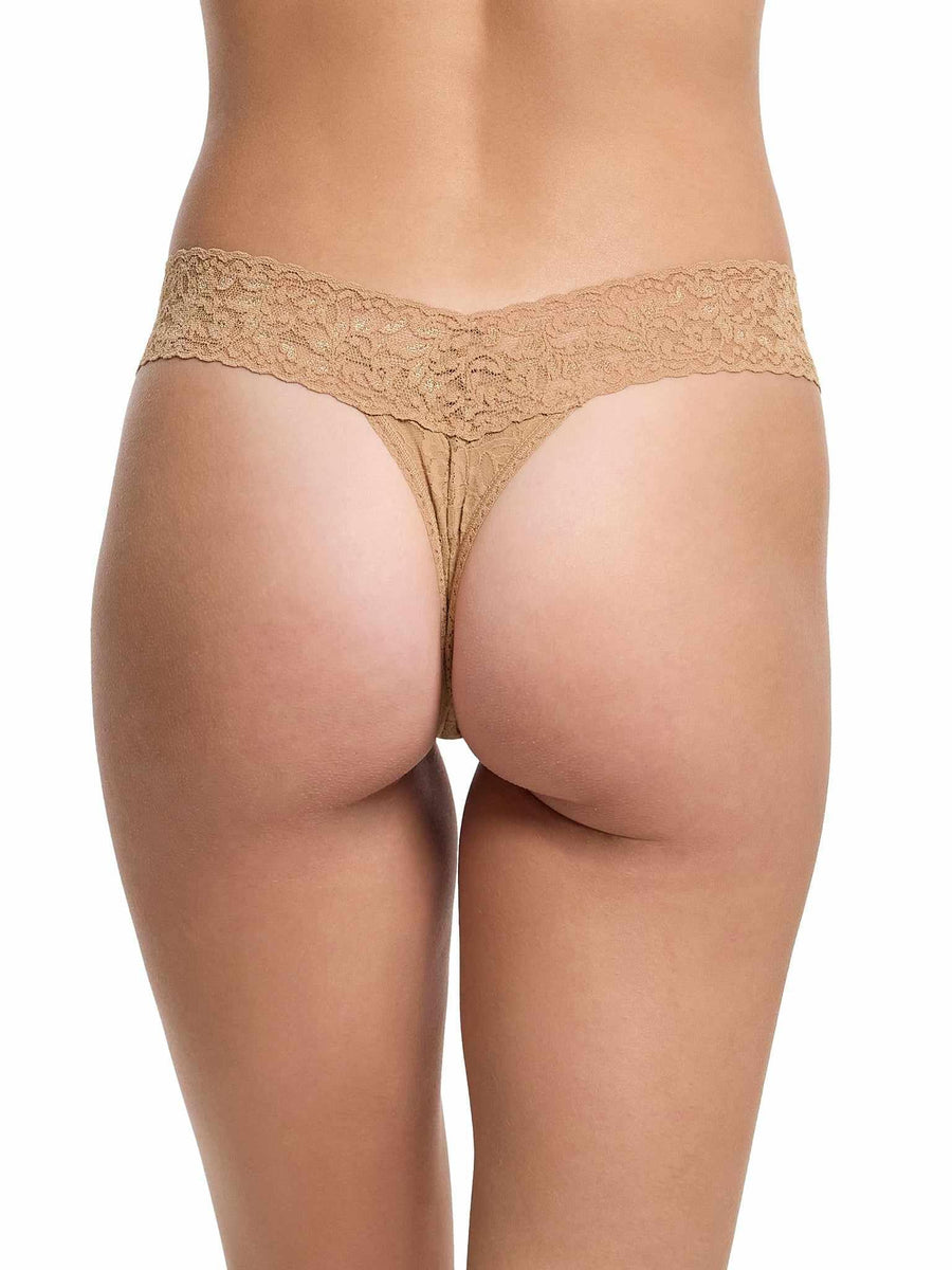 Signature Lace® Low Rise Thong Sun Tan - Back View On Model, Beige Tan Lace Thong | Hanky Panky