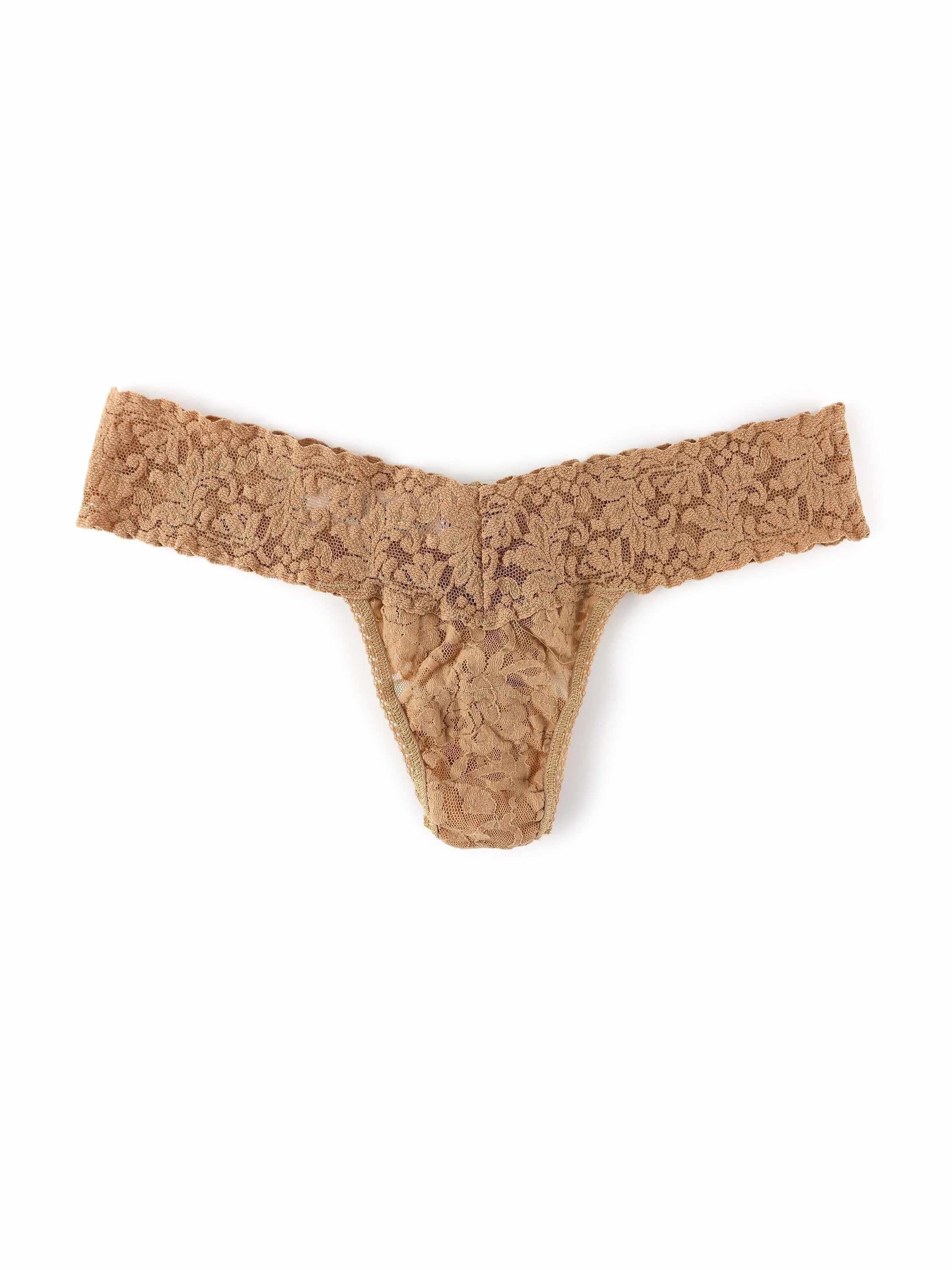 Signature Lace® Low Rise Thong Sun Tan - Flat Lay, Beige Floral Lace Thong Detail | Hanky Panky