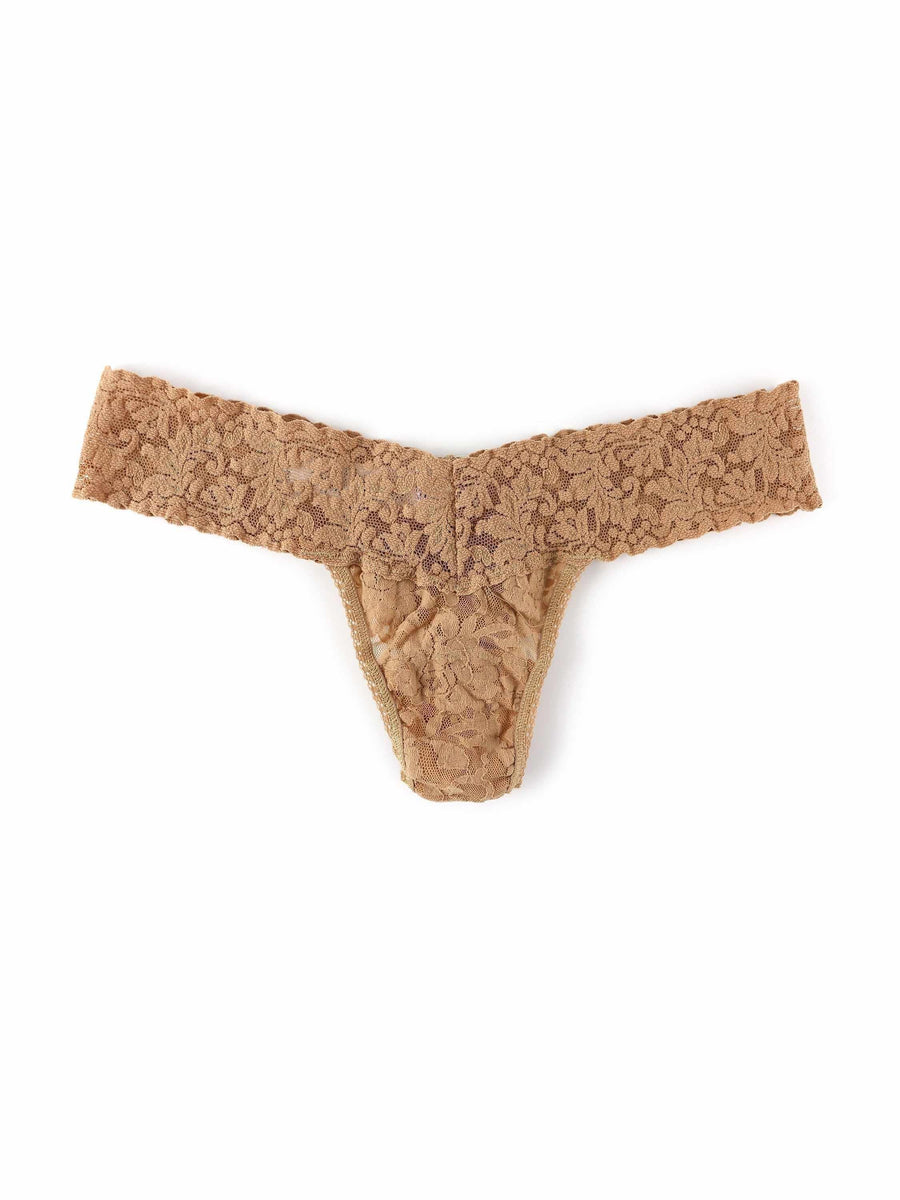 Signature Lace® Low Rise Thong Sun Tan - Flat Lay, Beige Floral Lace Thong Detail | Hanky Panky