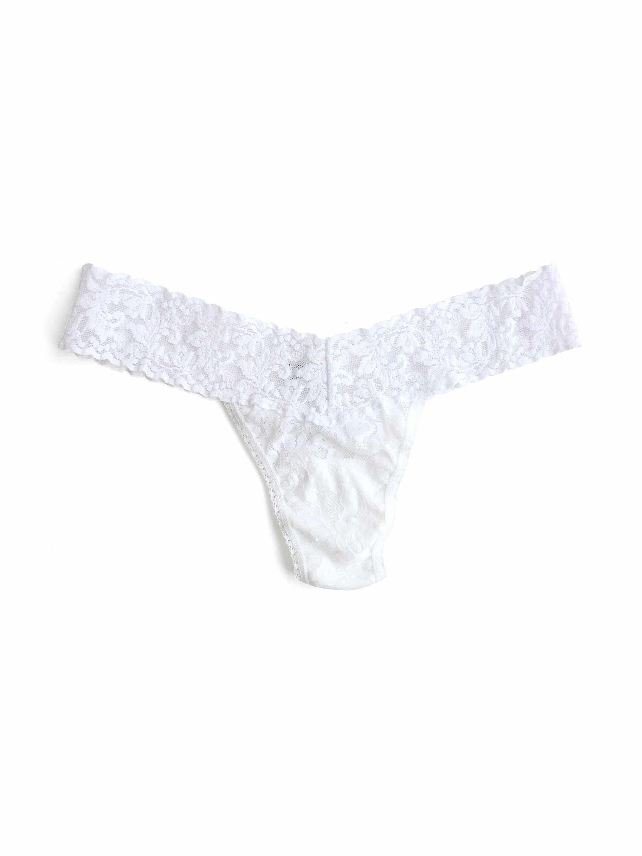 White Signature Lace® Low Rise Thong - Flat Lay Front View, floral lace detail | Hanky Panky
