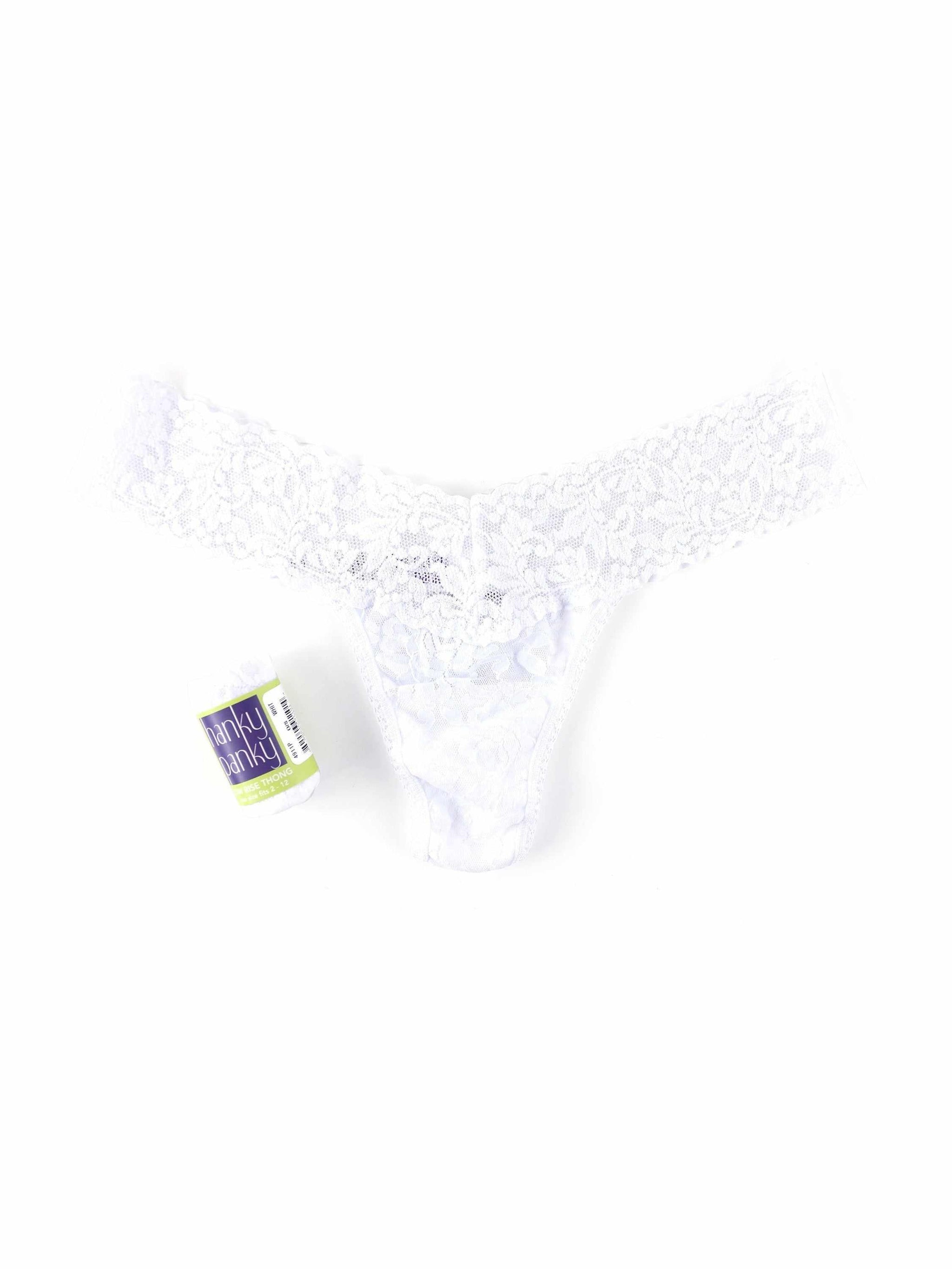 White Signature Lace Low Rise Thong with Signature Roll Packaging - Flat Lay | Hanky Panky