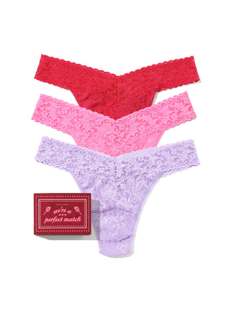 Signature Lace® Original Rise Thong 3-Pack in Lavender, Taffy & Coral with gift matchbox - Flat Lay | Hanky Panky