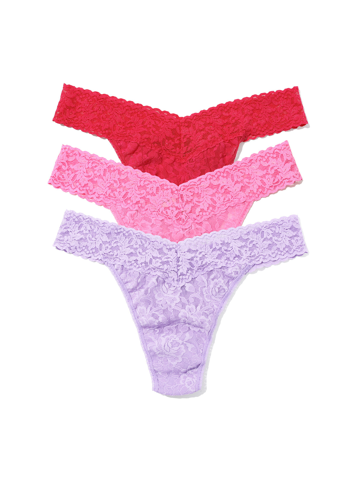 Signature Lace® Original Rise Thong 3-Pack in Lavender, Taffy & Coral - Front Flat Lay, No Box | Hanky Panky