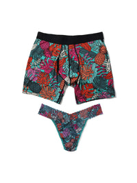 Signature Lace® Original Rise Printed Thong And Saxx Drop Temp Cooling Cotton Boxer Brief Fruity Palm - Aqua