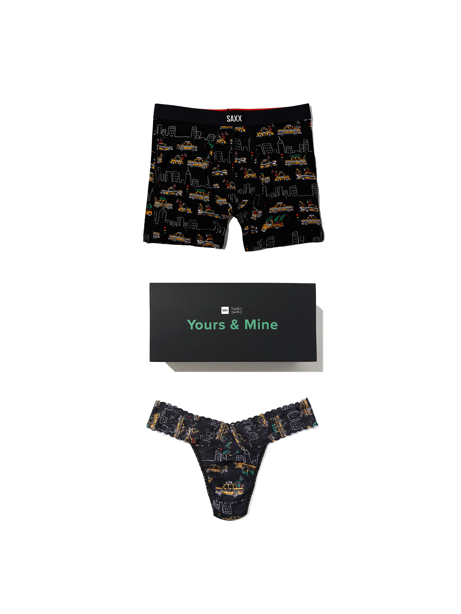 Hanky Panky x SAXX Hail The Holidays matching couples underwear gift set - flat lay with Yours & Mine box | Hanky Panky