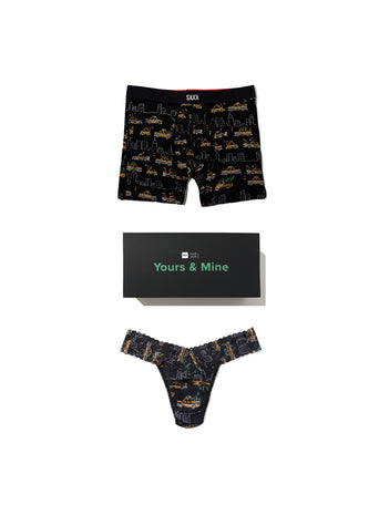 Hanky Panky x SAXX Hail The Holidays matching couples underwear gift set - flat lay with Yours & Mine box | Hanky Panky