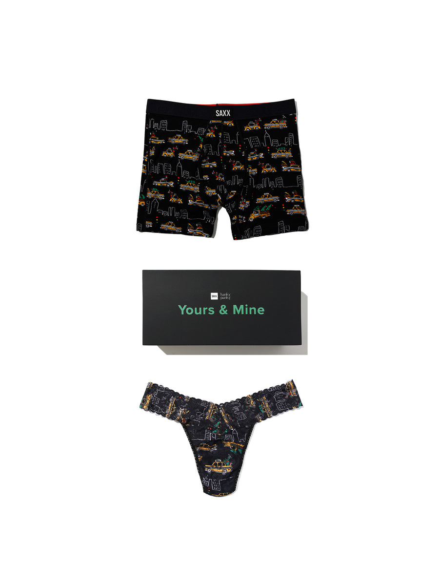 Hanky Panky x SAXX Hail The Holidays matching couples underwear gift set - flat lay with Yours & Mine box | Hanky Panky
