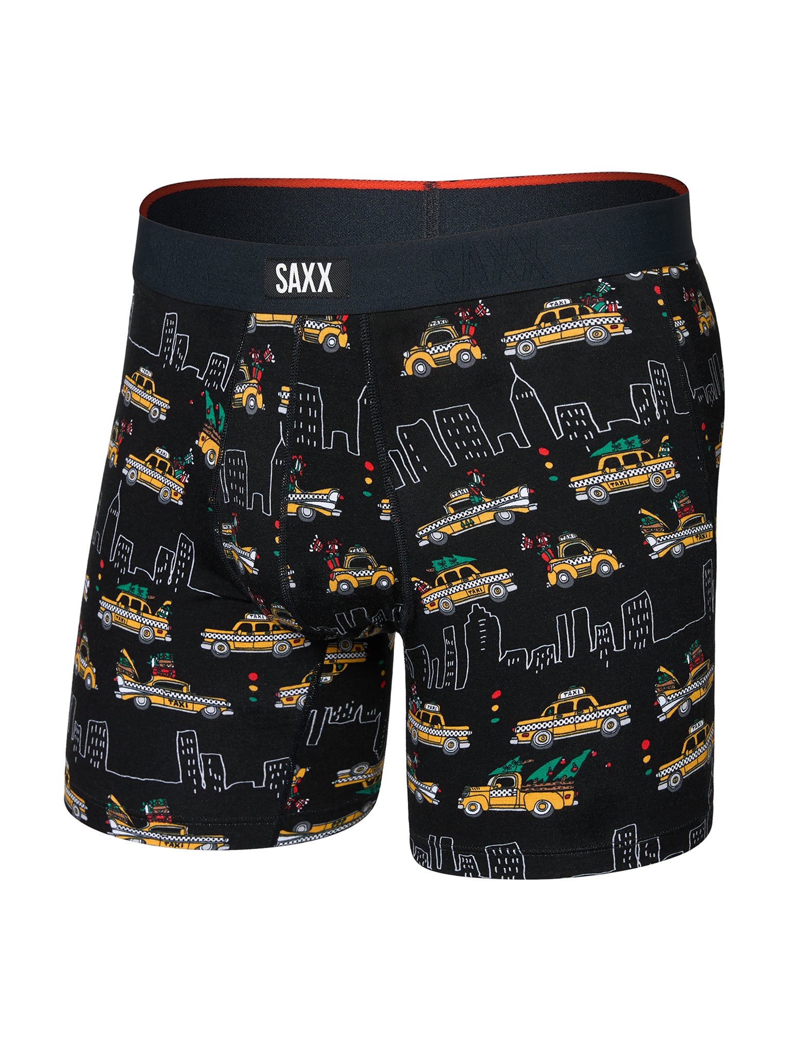 SAXX Super Soft Vibe Boxer Brief in black holiday NYC taxi print - three-quarter front angle | Hanky Panky