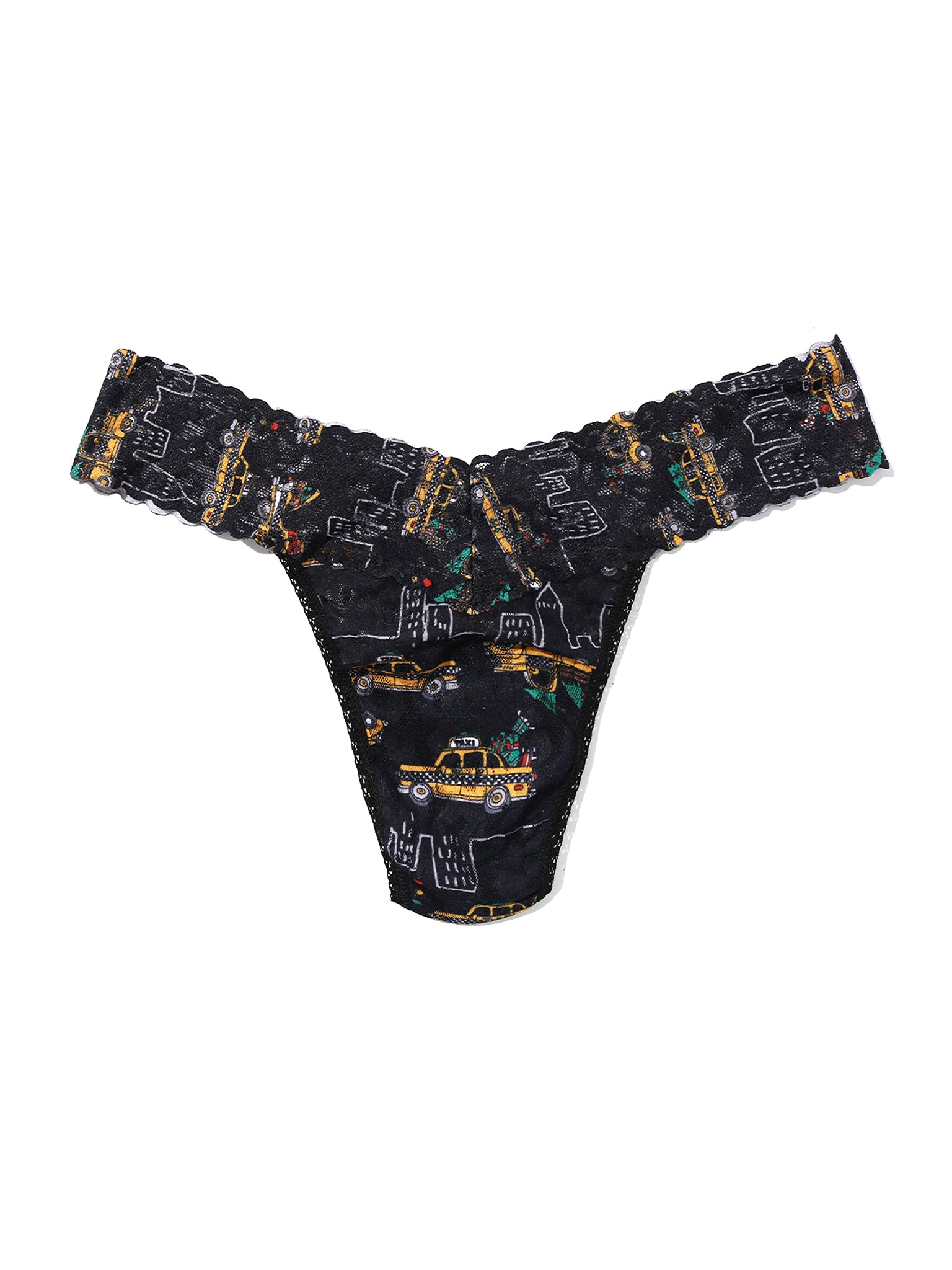 Hanky Panky Signature Lace® Original Rise Thong in black Hail The Holidays taxi print - flat lay front | Hanky Panky