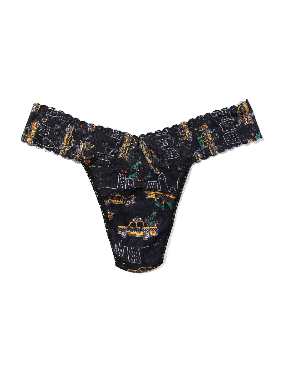 Hanky Panky Signature Lace® Original Rise Thong in black Hail The Holidays taxi print - flat lay front | Hanky Panky