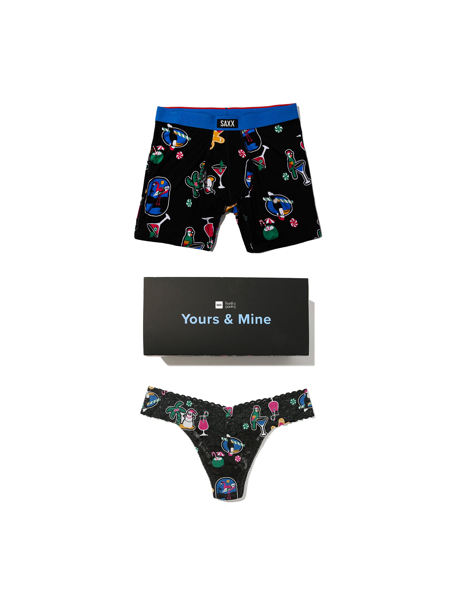 Hanky Panky x SAXX Yours & Mine gift set flat lay - Island Holiday Black lace thong, boxer brief, and gift box | Hanky Panky