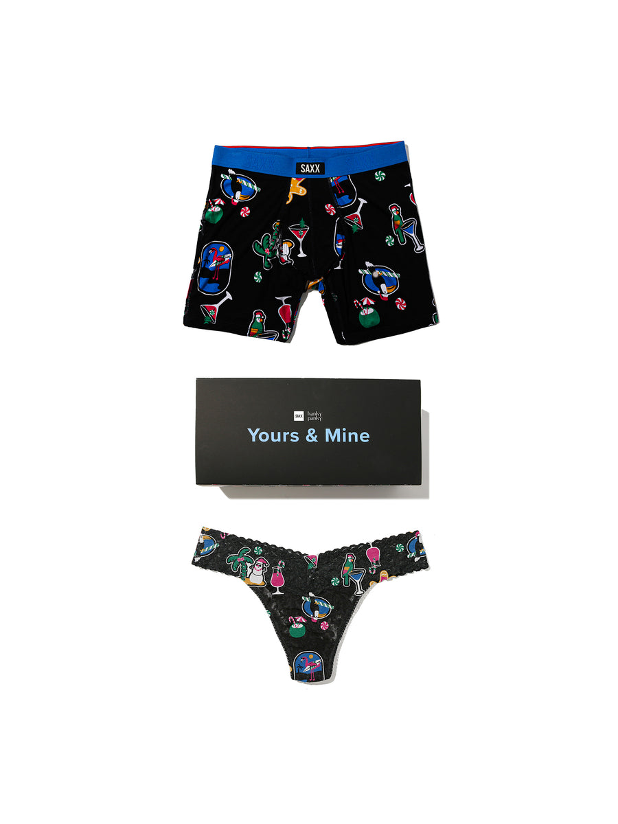 Hanky Panky x SAXX Yours & Mine gift set flat lay - Island Holiday Black lace thong, boxer brief, and gift box | Hanky Panky