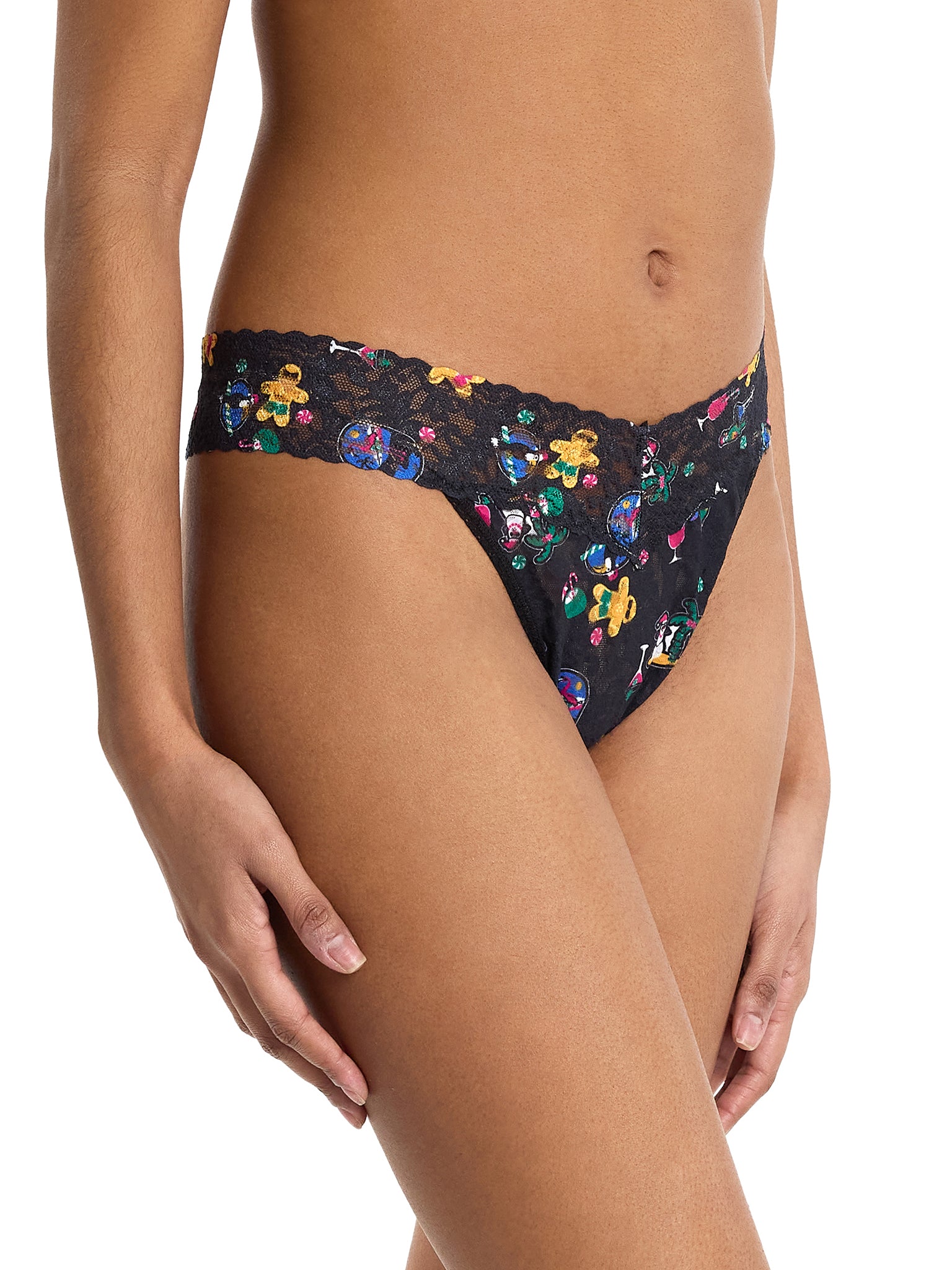 Signature Lace® Original Rise Thong Island Holiday Black - Front Side View On Model, Signature Lace® waistband close-up | Hanky Panky