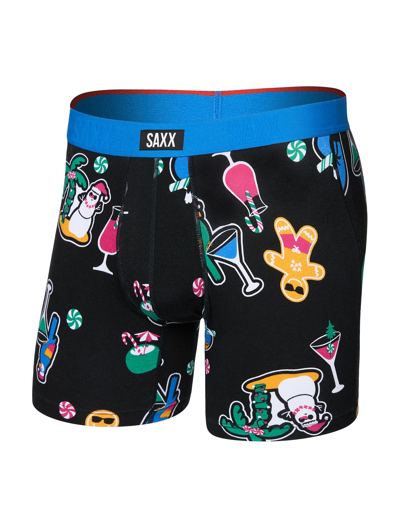 SAXX Super Soft Vibe Boxer Brief Island Holiday Black - Front Angle flat lay, holiday sticker print with blue waistband | Hanky Panky