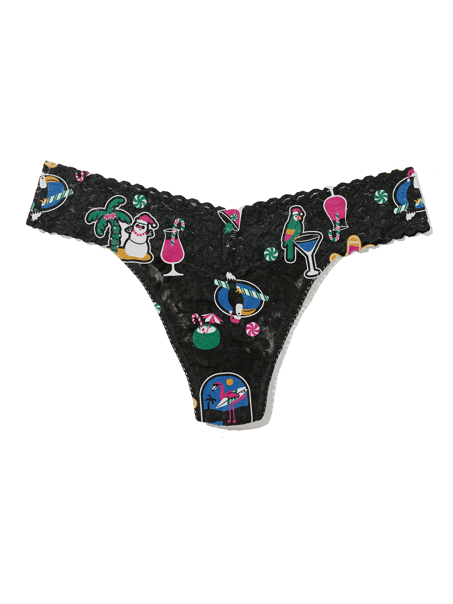Signature Lace® Original Rise Thong Island Holiday Black - Flat Lay, holiday print lace thong with tropical sticker motifs | Hanky Panky