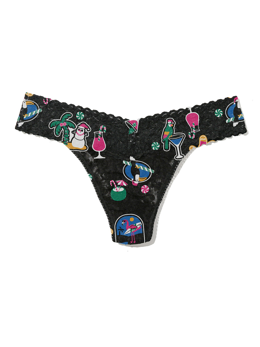 Signature Lace® Original Rise Thong Island Holiday Black - Flat Lay, holiday print lace thong with tropical sticker motifs | Hanky Panky
