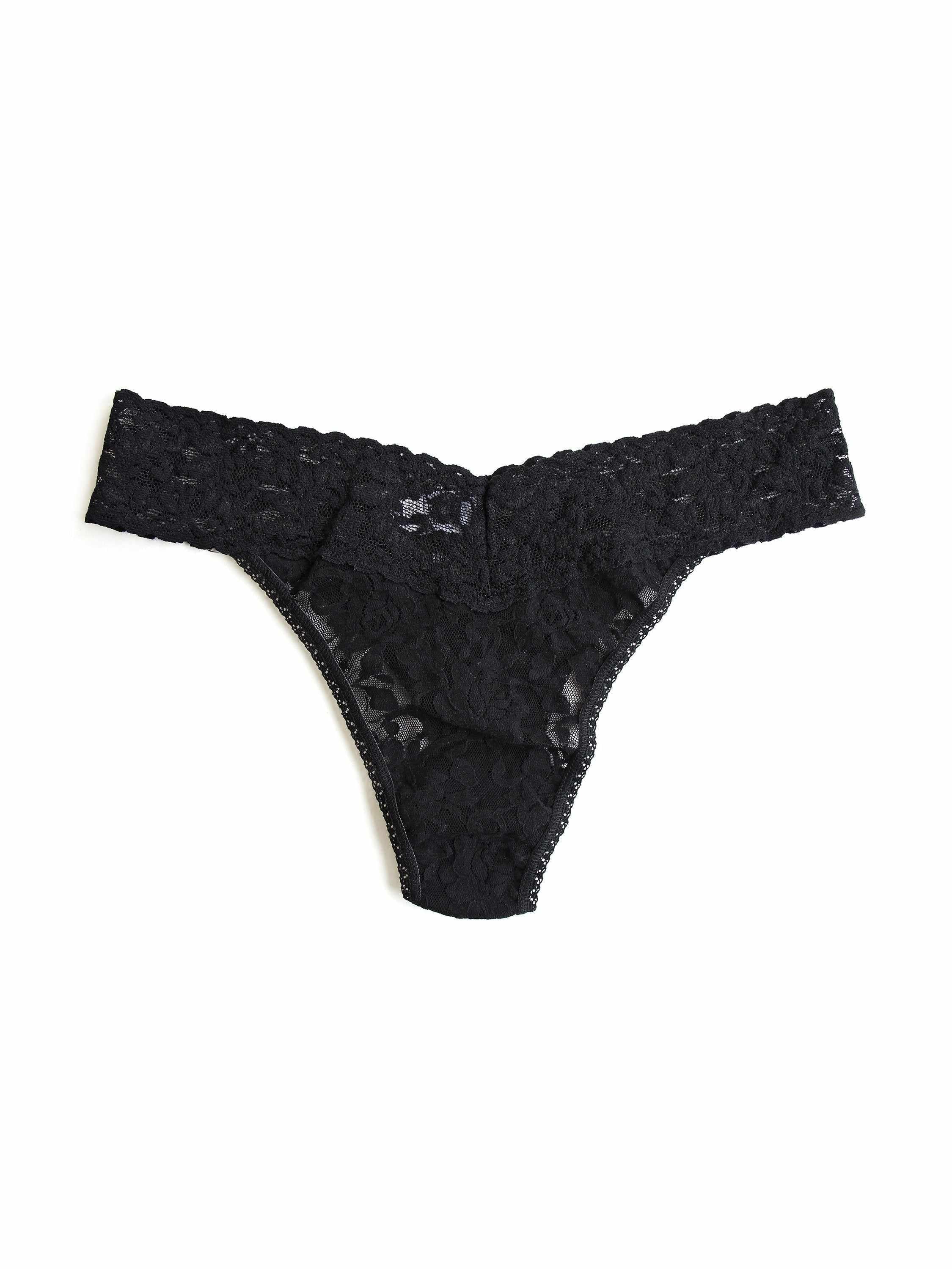 Signature Lace® Original Rise Thong Black - Back View On Model, V-Back Waistband | Hanky Panky