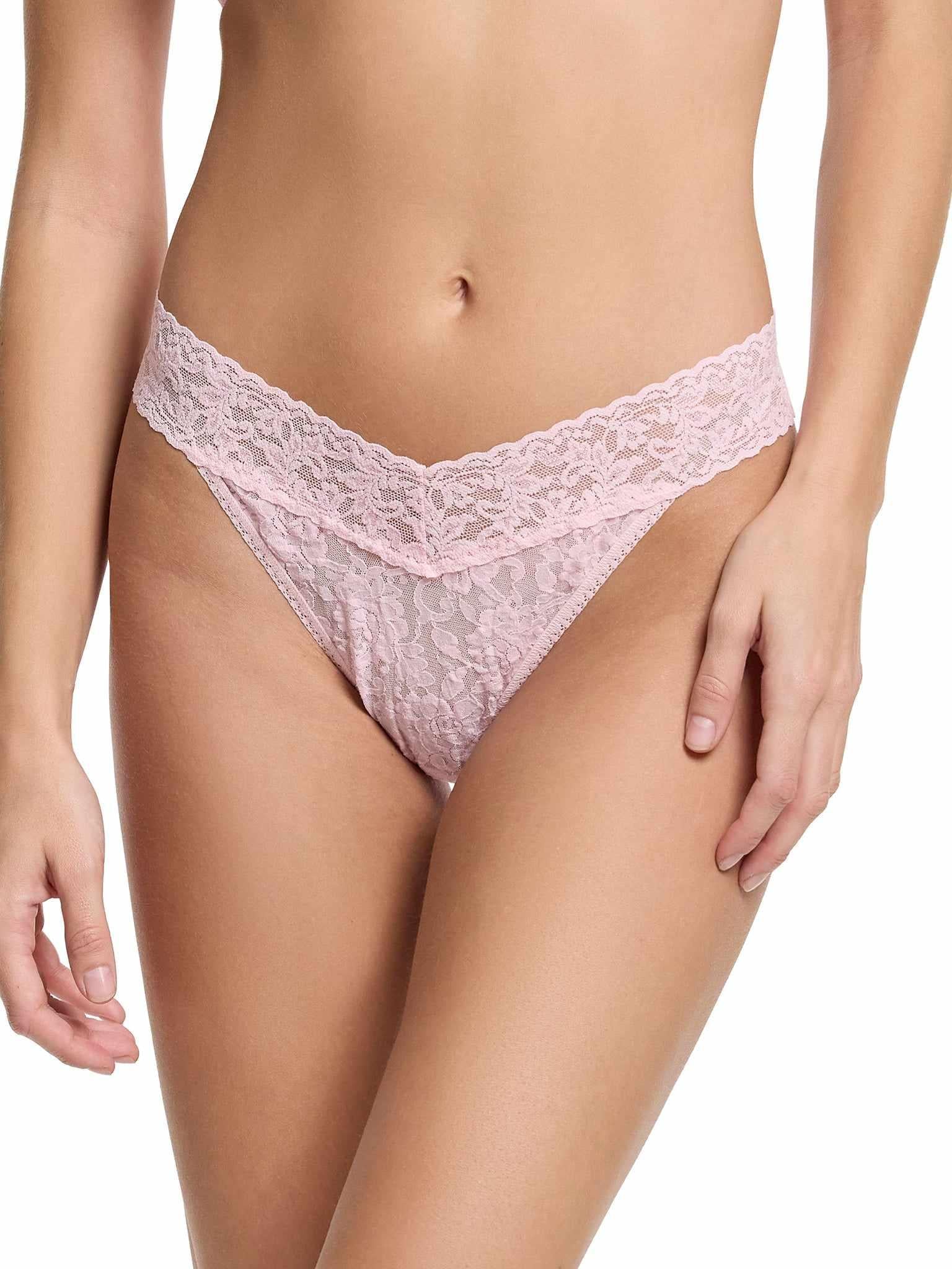 Bliss Pink Signature Lace® Original Rise Thong - Front Close-Up, V-front Lace Waistband, Comfortable Lace Thong | Hanky Panky