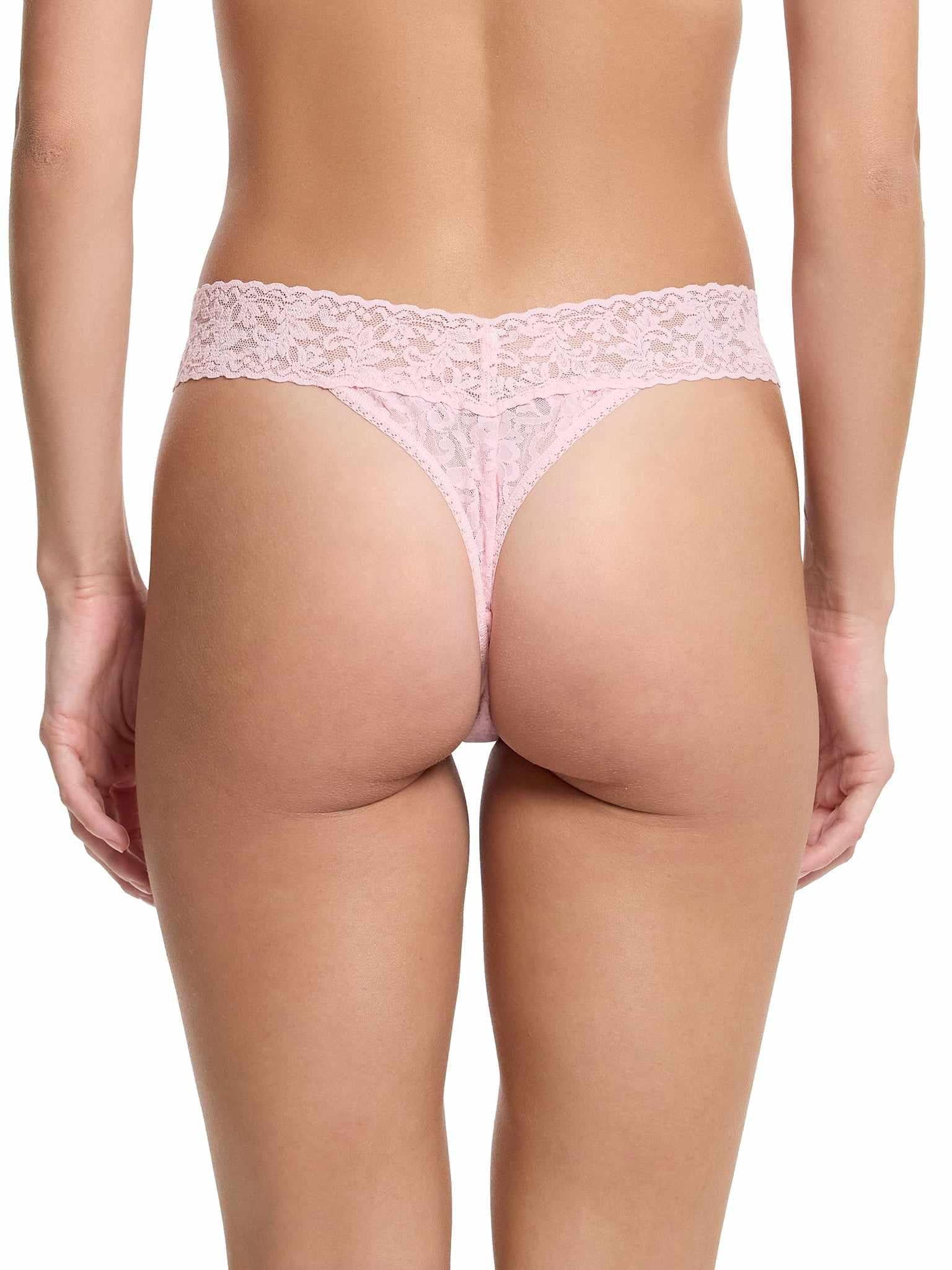 Bliss Pink Signature Lace® Original Rise Thong - Back View, V-back Lace Waistband, No Panty Lines | Hanky Panky