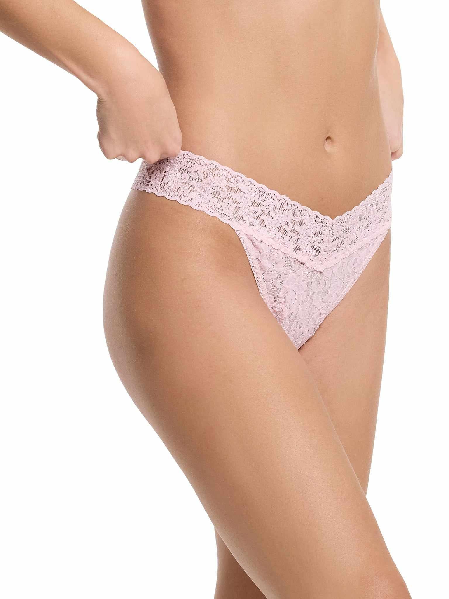 Bliss Pink Signature Lace® Original Rise Thong - Side Angle, Stretchy Lace Fit, V-front Waistband Detail | Hanky Panky