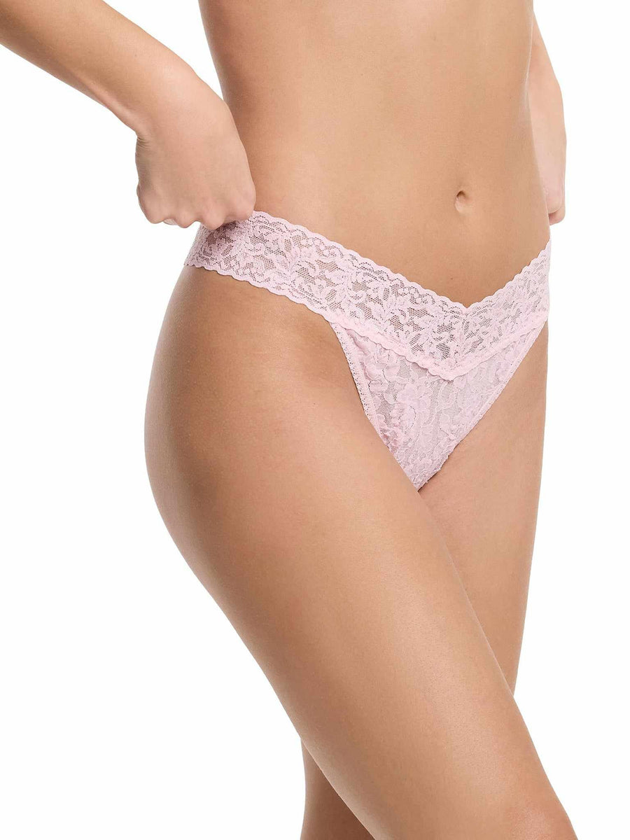 Bliss Pink Signature Lace® Original Rise Thong - Side Angle, Stretchy Lace Fit, V-front Waistband Detail | Hanky Panky