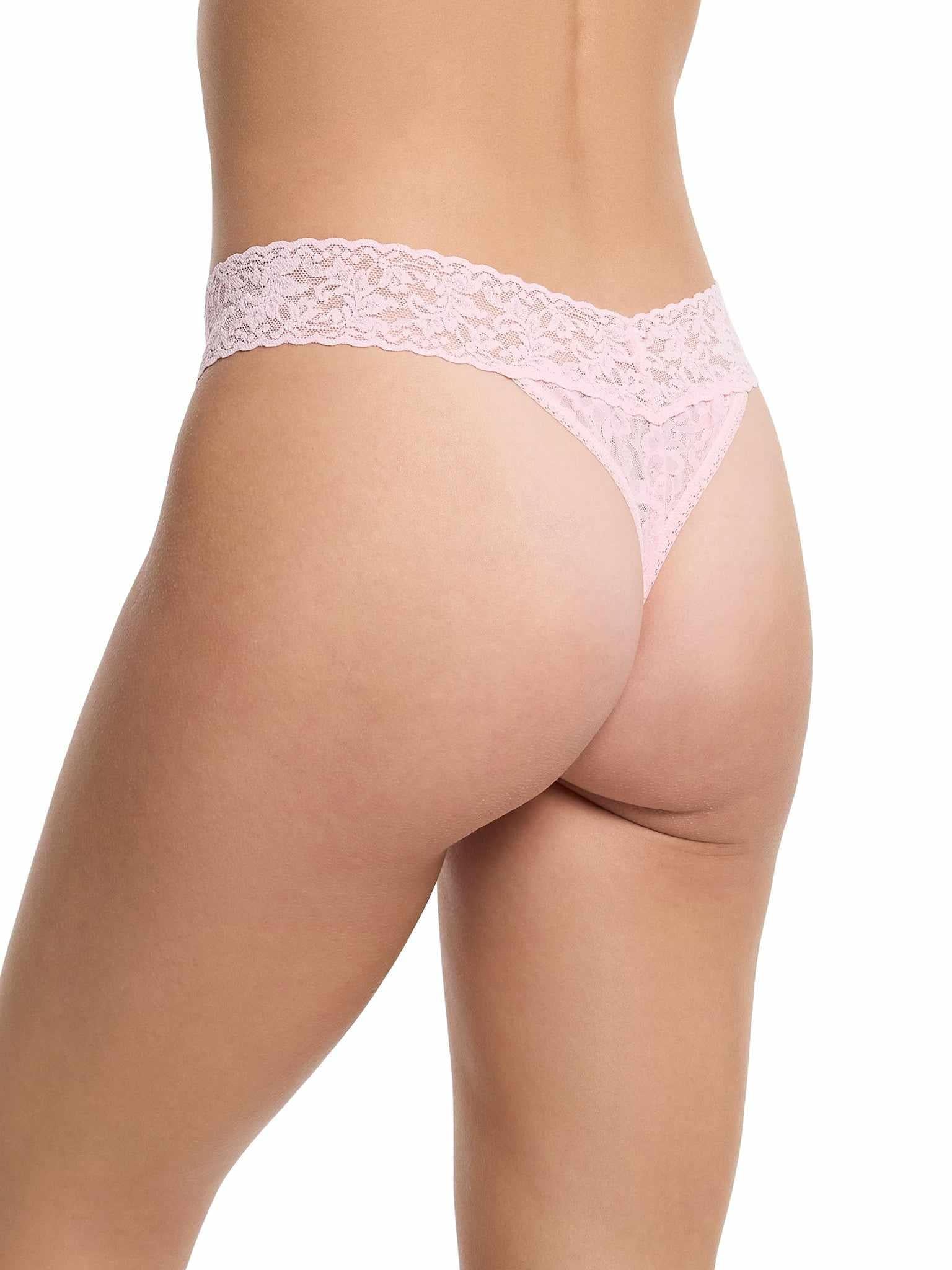 Bliss Pink Signature Lace® Original Rise Thong - Three-Quarter Back View, V-back Stretch Lace Waistband | Hanky Panky
