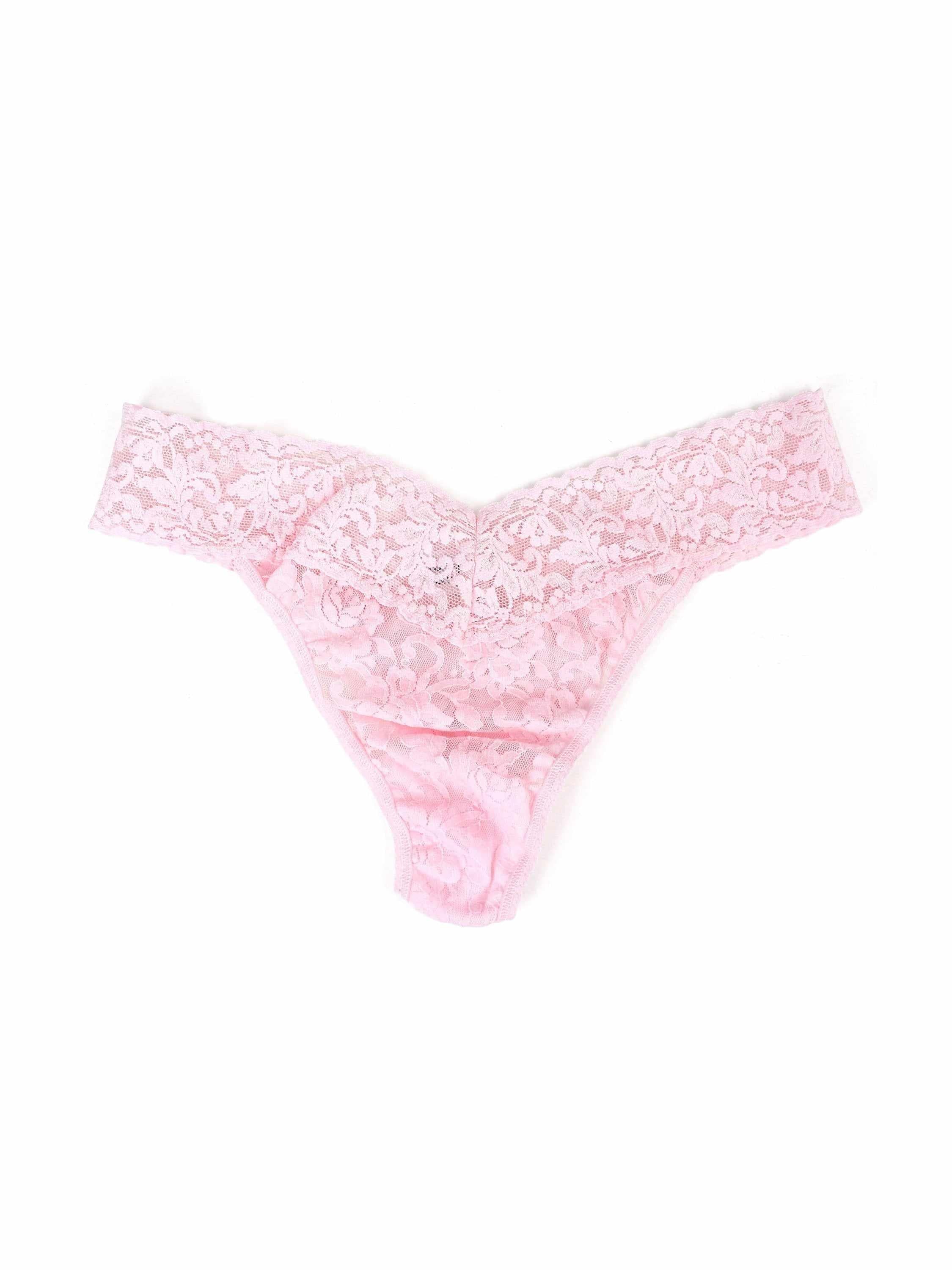 Bliss Pink Signature Lace® Original Rise Thong - Flat Lay, V-front Floral Signature Lace® Detail | Hanky Panky