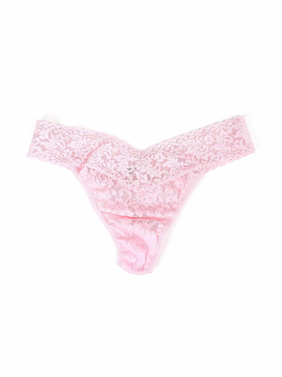 Bliss Pink Signature Lace® Original Rise Thong - Flat Lay, V-front Floral Signature Lace® Detail | Hanky Panky