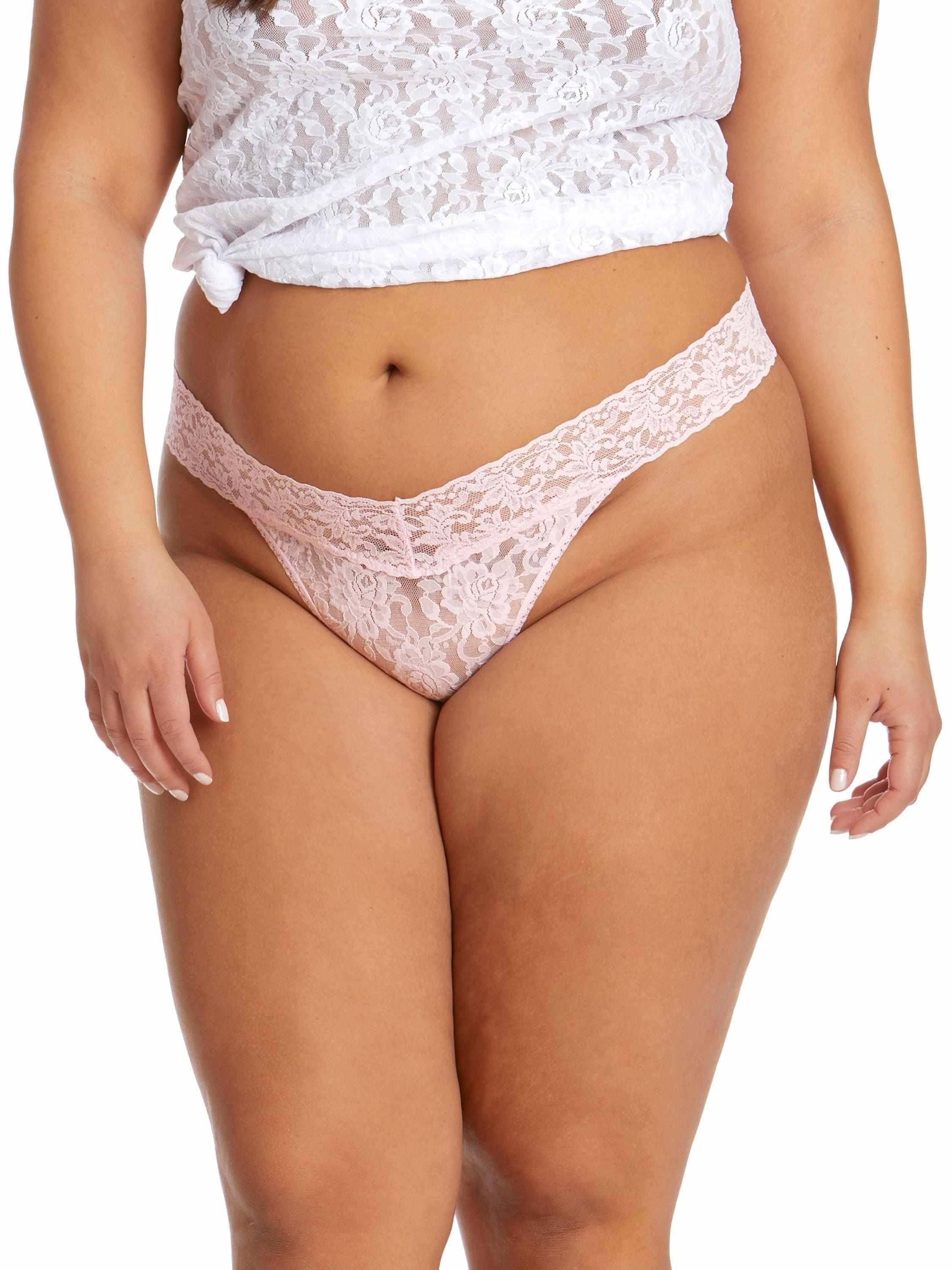 Bliss Pink Signature Lace® Original Rise Thong - Plus Size Front View, Stretchy Lace V-front Waistband | Hanky Panky