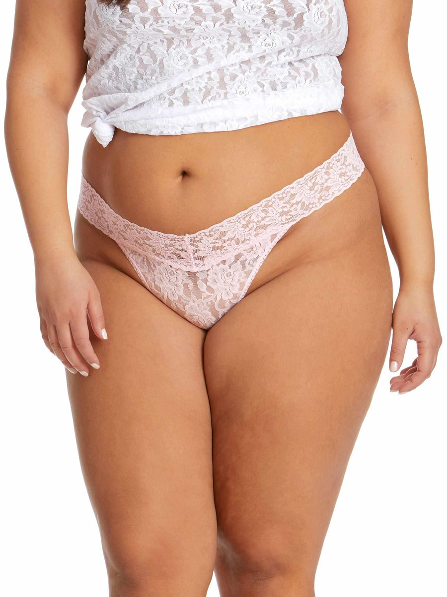 Bliss Pink Signature Lace® Original Rise Thong - Plus Size Front View, Stretchy Lace V-front Waistband | Hanky Panky