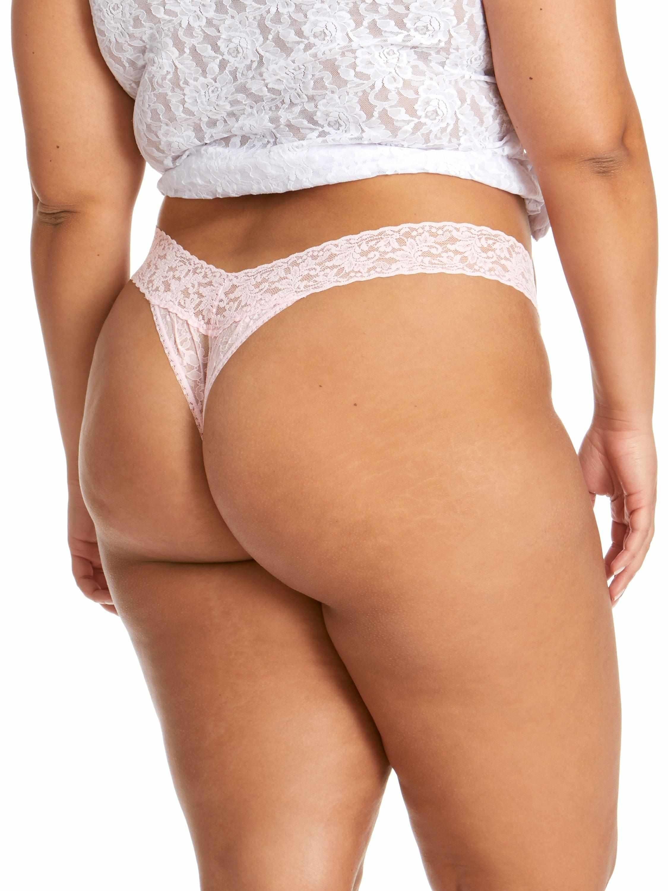 Bliss Pink Signature Lace® Original Rise Thong - Plus Size Back View, No VPL Lace Thong, Scalloped Waistband | Hanky Panky