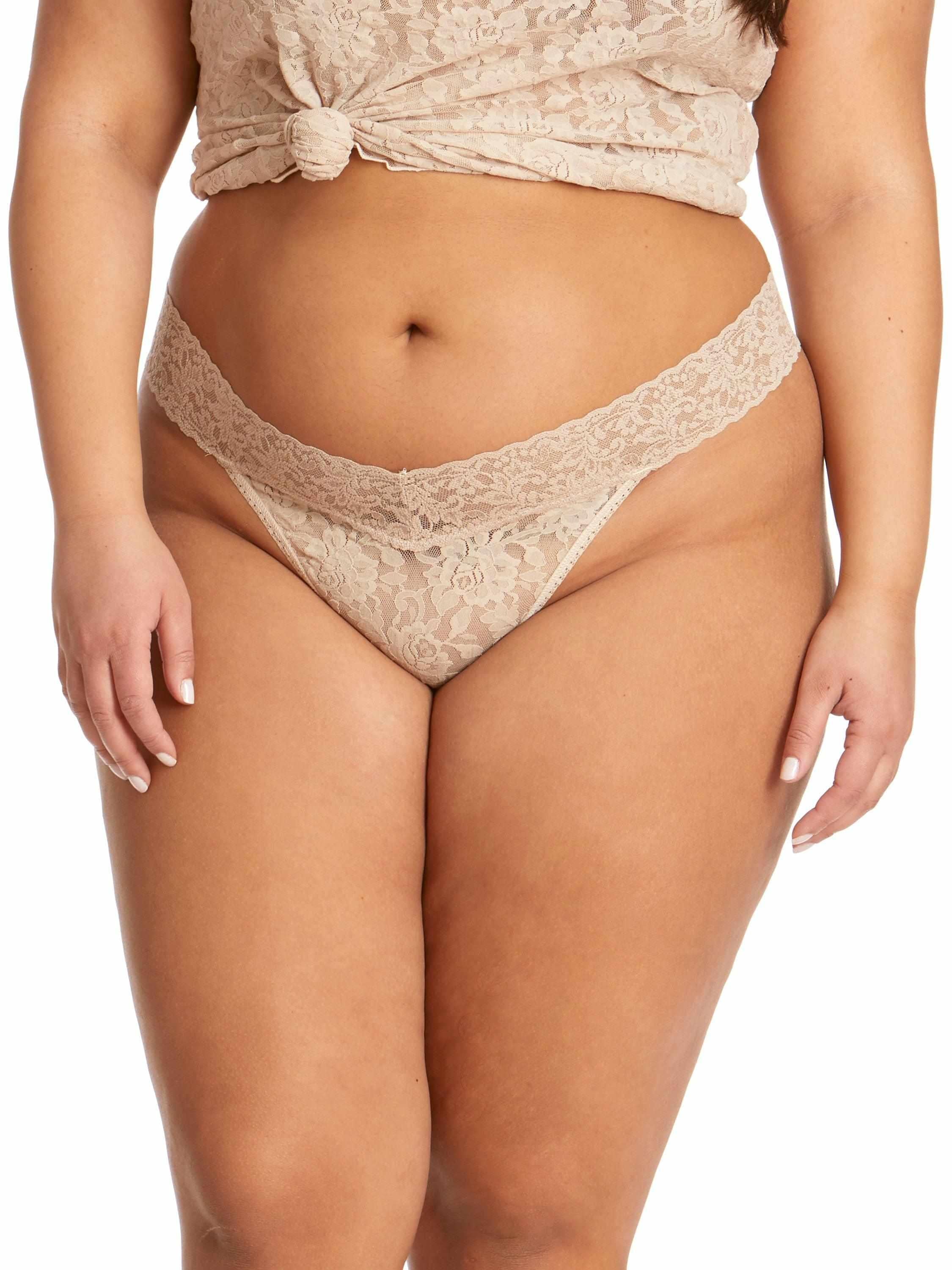 Chai Signature Lace Original Rise Thong - Plus Size Front On-Model, No-Dig V-Front Lace Waistband | Hanky Panky