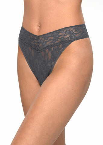 Granite Grey Signature Lace Original Rise Thong, Front On-Model View | Hanky Panky