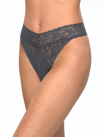 Granite Grey Signature Lace Original Rise Thong, Front On-Model View | Hanky Panky