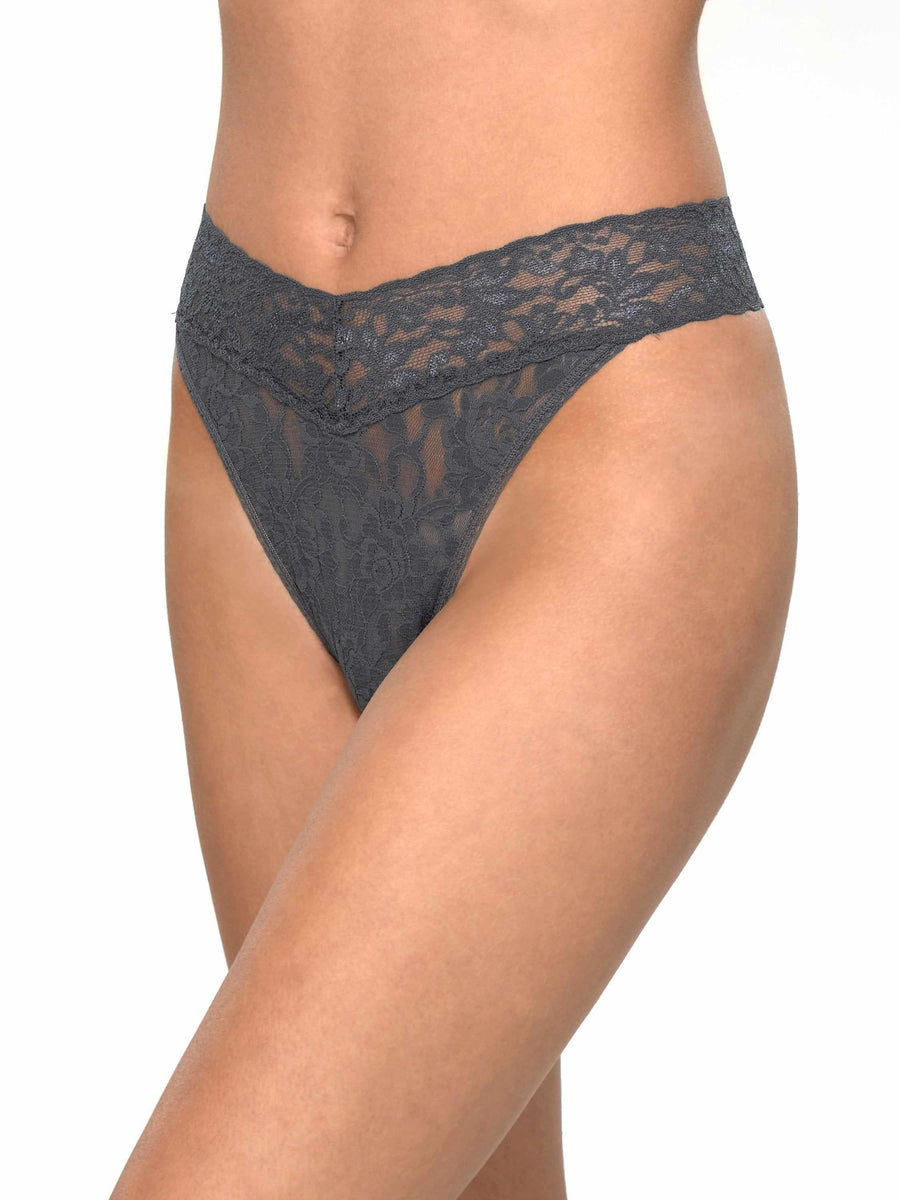 Granite Grey Signature Lace Original Rise Thong, Front On-Model View | Hanky Panky