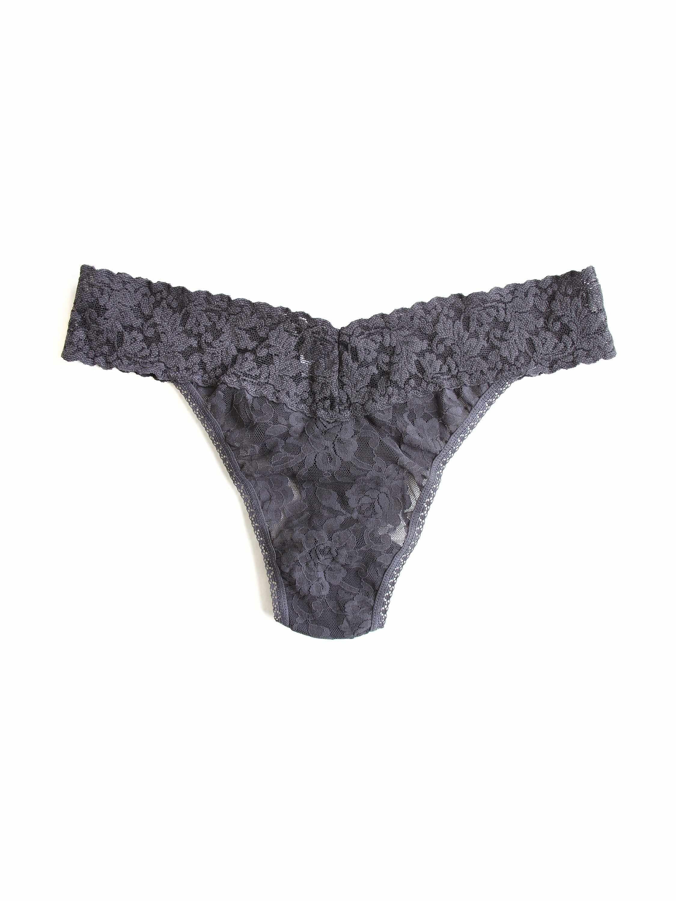 Granite Grey Signature Lace Original Rise Thong, Flat Lay Front View | Hanky Panky