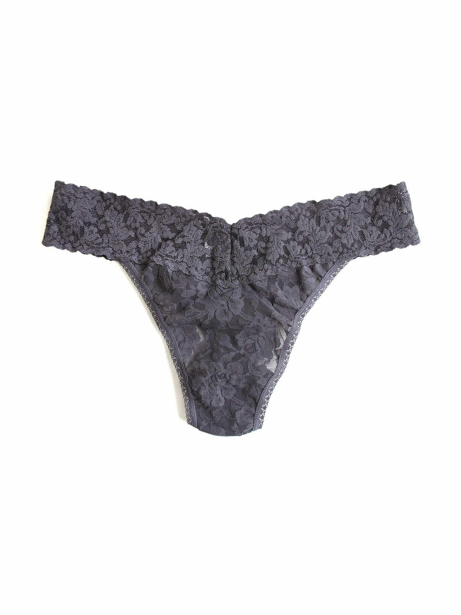 Granite Grey Signature Lace Original Rise Thong, Flat Lay Front View | Hanky Panky